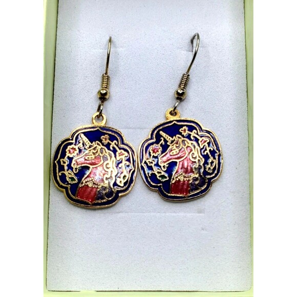 Vtg Cloisonne Enamel Unicorn Dangle Earrings Gold Tone Red Blue Boho Fantasy - Picture 7 of 10